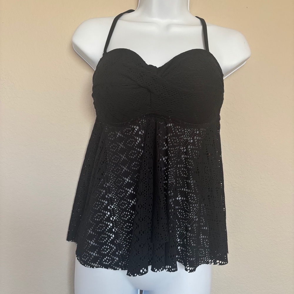 Kona Sol Tankini Top Solid Black Crochet Bandeau Straps Women's Size S (4-6) NWT